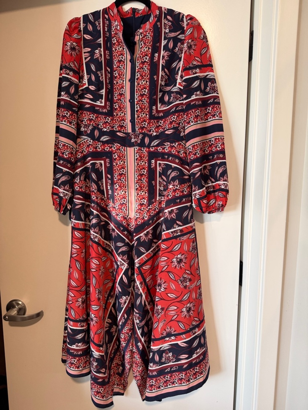 Vince Camuto Red and Navy Floral Long Sleeve Midi Dress